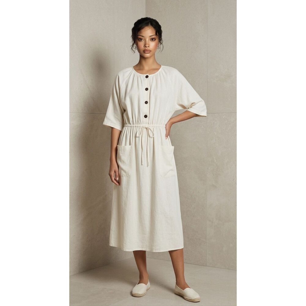 Zara TRF Collection Ecru Linen Blend Midi Dress Button Front Pockets Boho Size M